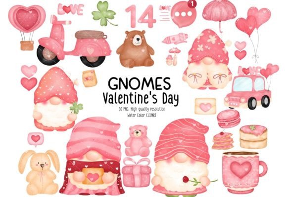 Adorable Watercolor Valentines Gnomes Clipart