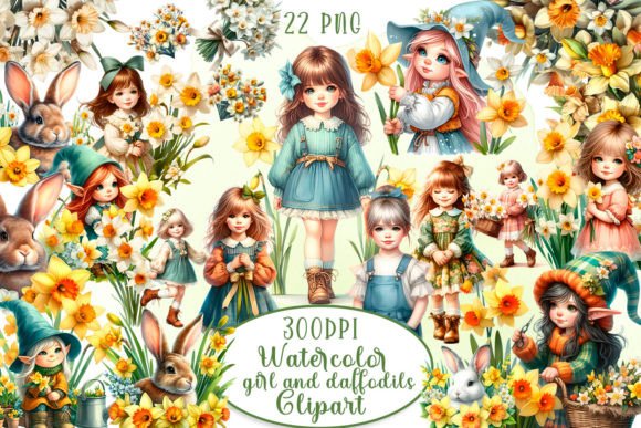 Enchanting Easter Girl & Daffodils Clipart for Spring Designs