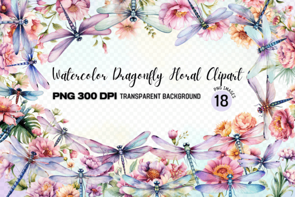 Enchanting Watercolor Dragonfly Floral Clipart for Creators