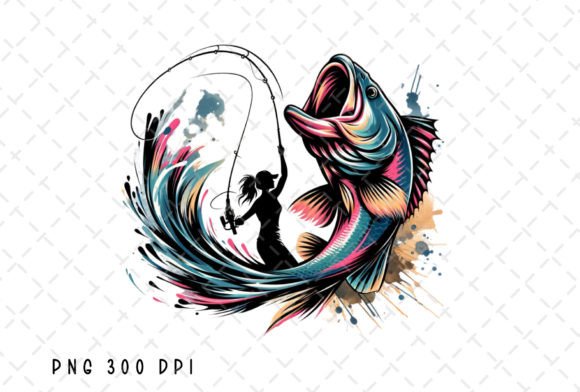 Girl Fishing Bass Watercolor PNG: Creative Design Asset